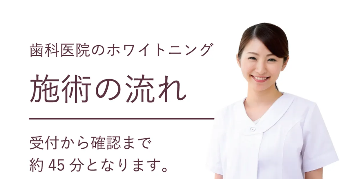 歯科医院のホワイトニング 施術の流れ 受付から確認まで約45分となります